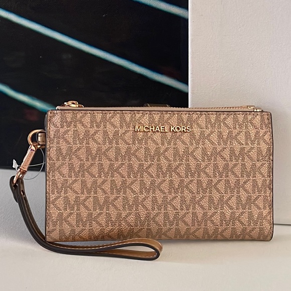 Michael Kors Jet Set Travel Large Double Zip Leather Wristlet Wallet Rose Gold - Picture 6 of 6